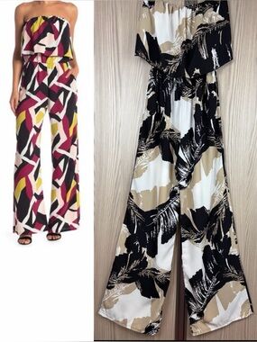 Mahina ~ Strapless Jumpsuit ~ in Black/Tan/White Palm Leaves Print